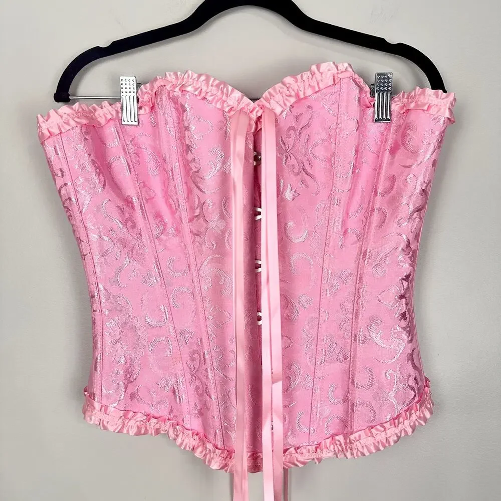 Pink Floral Jacquard Bustier Lace Up Corset Top Ruffle Hem Castle Fairy Small - Picture 10 of 14